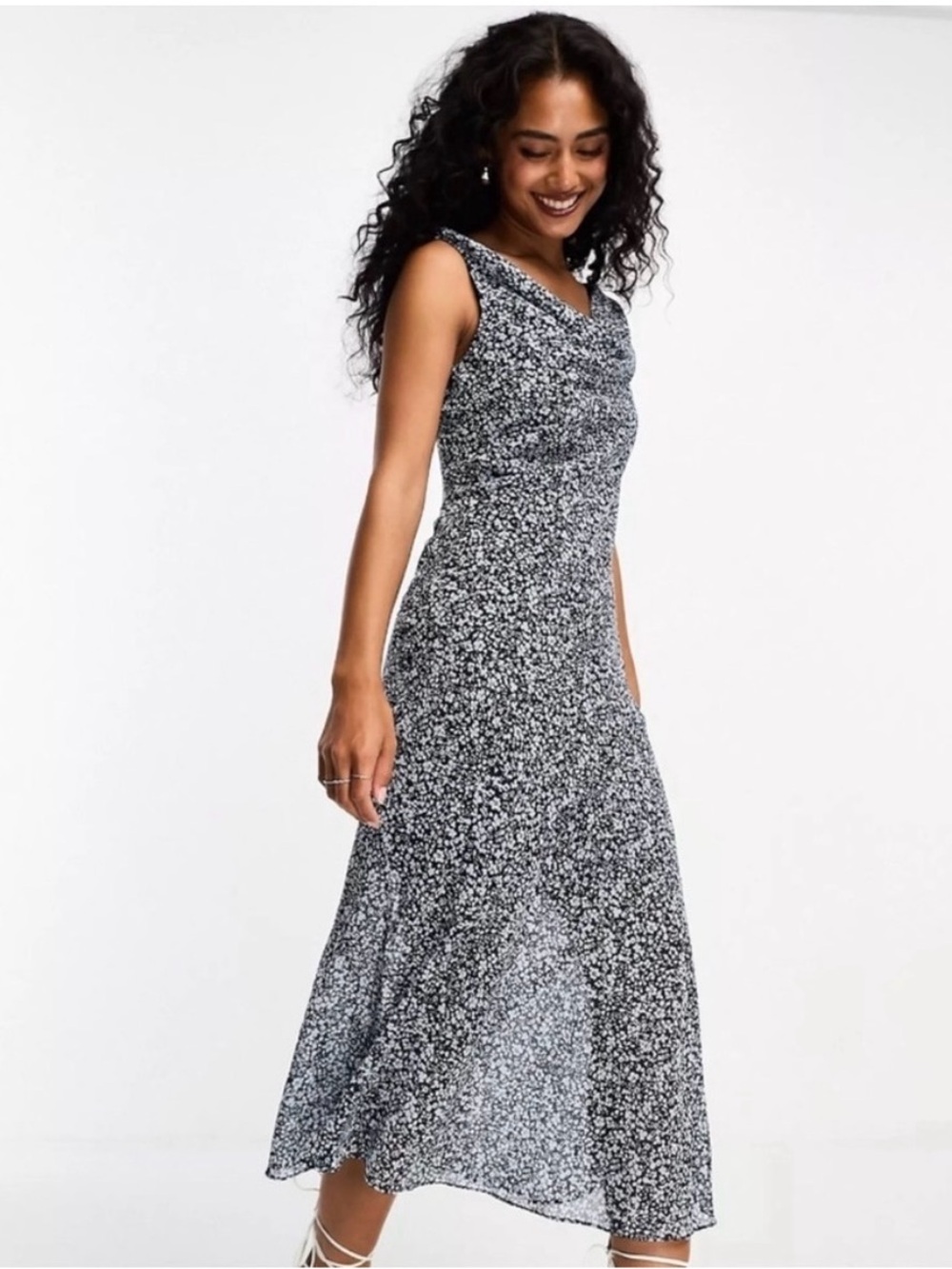 Abercrombie & Fitch Navy Blue Floral Cowl Neck Midi Dress